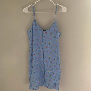 Blue Floral Linen Slit Mini Dress w/ Adjustable Straps